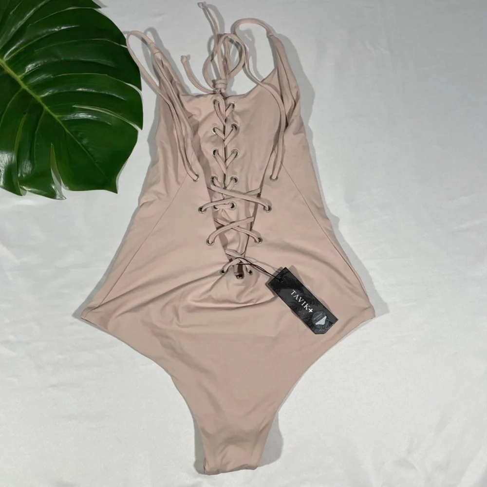 NWT TAVIK [ Small ] Monahan Lace Up One Piece Swimsuit in‎ Seashell